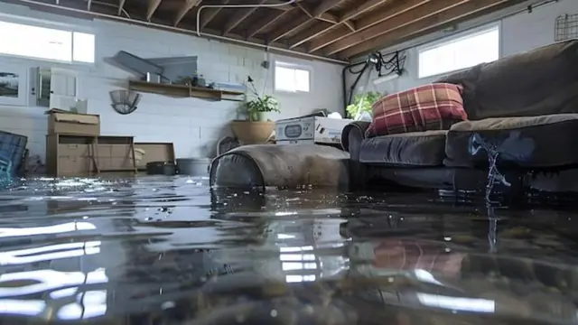 Flooded finished basement with a couch and storage standing in a few inches of water