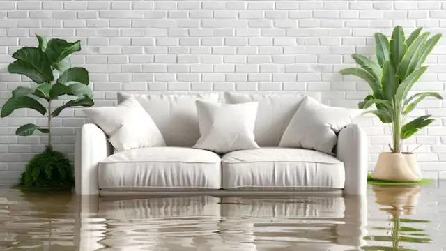 Condo-style living room with a white sofa and brick wall standing in shallow water