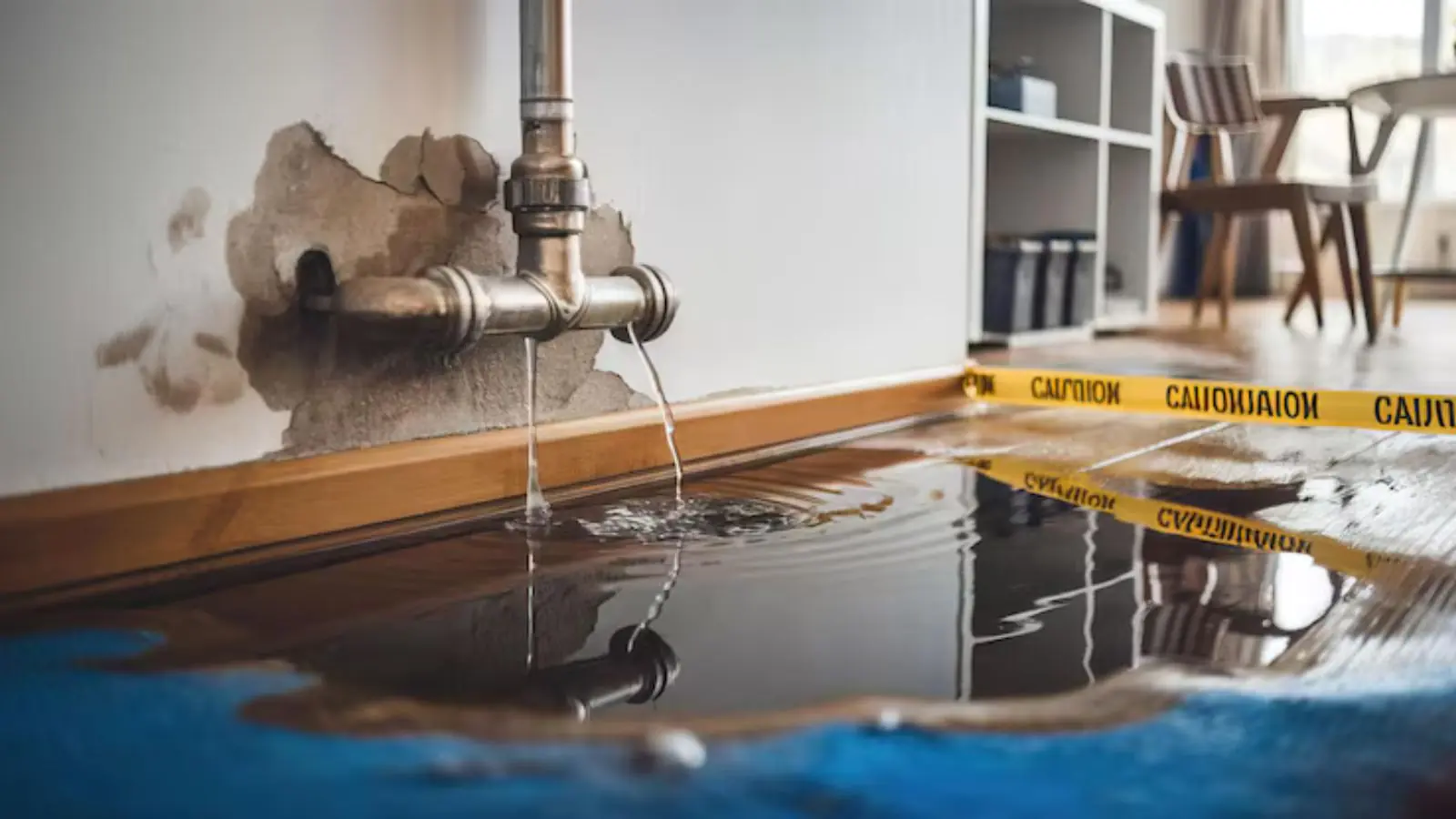 Leaking pipe at the wall base with caution tape around the water pooling on the floor