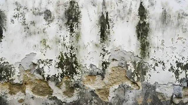 Wall covered in dark green and black mold patches with flaking paint